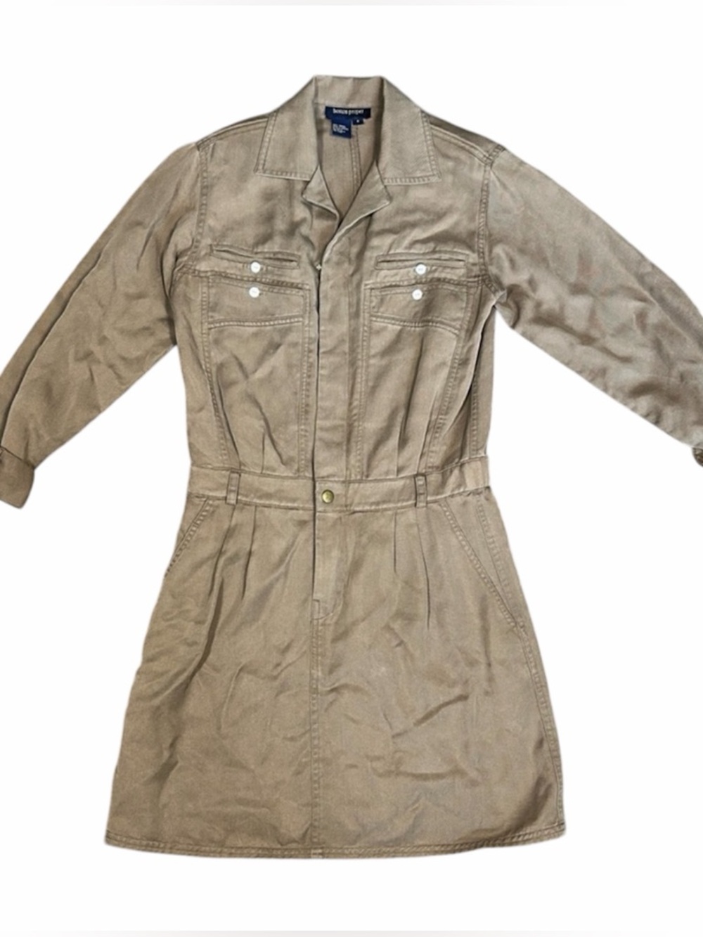 Women’s Boston Proper Safari Style Dress‎ Sz 4 100% Tencel Brown Shoulder pads